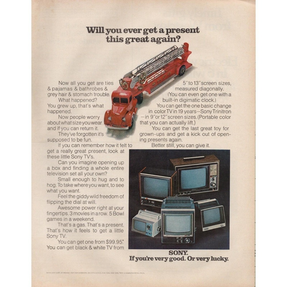 Sony Trinitron Portable Color TV Christmas Gift Vintage Magazine Print Ad‎ 1970